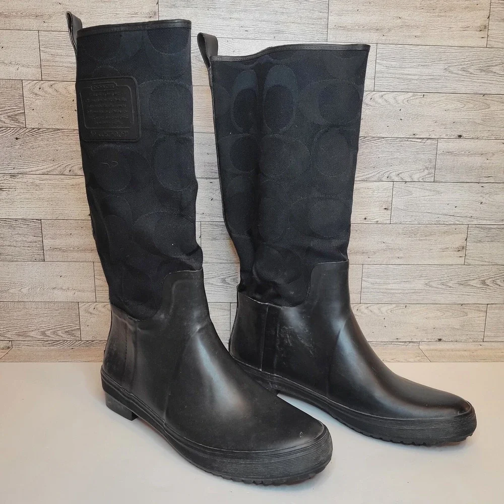 Coach Black Tall Rain Boots with Signature Logo